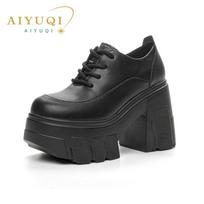 Madingi AIYUQI Aukštakulniai Moterims 2024 Nauji Tikros Odos Suvarstomi Madingi Moteriški Batai 11cm Kulniukai Platforma Pavasariniai Batai Moterims 43 juoda