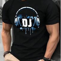 Vyriški DJ ausinių rašto T-shirt šiek tiek elastingas megztas laisvalaikio vasaros T-shirt kvėpuojantis medvilninis vyriškas drabužis S black