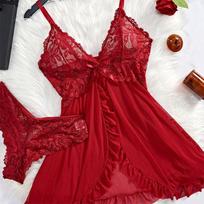Petnešėlės Kostiumas Vasarinis Itin Plonas Naktinis Chalatas Nėriniai T-string Rinkinukai Moteriški Seksualūs Pižamos Lingerie Karštas Naktinis Suknelė Patogūs Pižamos XS vyno raudonos spalvos
