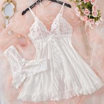 Petnešėlės Kostiumas Vasarinis Itin Plonas Naktinis Chalatas Nėriniai T-string Rinkinukai Moteriški Seksualūs Pižamos Lingerie Karštas Naktinis Suknelė Patogūs Pižamos XS balta