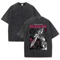 Men Berserk Japanese Anime Graphic T-shirt Vintage Washed Oversized Short Sleeve Top Casual Loose Tees L black