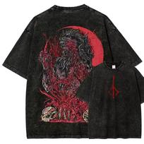 Skalbtas senovinis Bloodborne marškinėliai Vyrams Moterims Žvėris Vilkas Raudonas Mėnulis Siaubo Gotikinis Tamsus Žaidimo Grafika Medvilninis Unisex Gatvės apranga T-shirt 3XL black