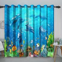 Dolphins Turtles Pebbles Kids Window Curtains In The Living Room Kitchen Window Curtains Drapes Printed Window for Bedroom 2x50W130H(CM)40x51in&Hook blue