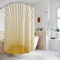 Vidurio amžiaus modernus saulės boho dušo užuolaida, retro MCM dekoras, linksmam vonios kambariui, garstyčių geltonos spalvos vintažinio stiliaus sendintas saulės spindulių raštas W90xH180cm beige