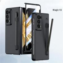 Matinis šarvų telefono dėklas, skirtas Honor Magic V3 V2 VS2 PC kieto apvalkalo apsauga, atsparus smūgiams su grūdintos plėvelės apsauga su rašiklio laikikliu sulankstomu dangteliu For Honor Magic V2 juoda