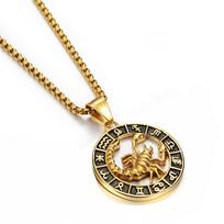 Auksinis nerūdijančio plieno zodiako karoliai Liūto Skorpiono pakabukas moterims vyrams 12 žvaigždynų apvalus pakabukas papuošalai dovana Gold Color&55cm beige