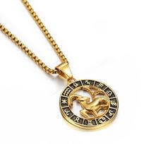 Auksinis nerūdijančio plieno zodiako karoliai Liūto Skorpiono pakabukas moterims vyrams 12 žvaigždynų apvalus pakabukas papuošalai dovana Gold Color&68cm beige