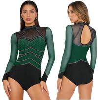 Viskas viename gimnastikos ir vakarėlių kombinezonas S-XXL moterims: Su kalnų krištolais, tinkleliu, iškirpte nugaroje ir lengvai užsegamu spaudėmis klynu M tamsiai žalia spalva