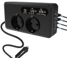 Automobilinis inverteris 12V/220V, 2 lizdai, 2 USB-C, 2 USB, LCD ekranas