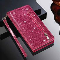 Užtrauktuko atverčiamas dėklas Blizgus odinis dėklas IPhone 16 15 14 13 12 11 Pro Max XS XR 8 7 Plus SE 16E Mini Bling Stovas Telefono dangtelis For iPhone 15 rožinė raudona spalva