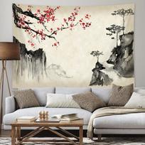 VIKAMA Japanese Cherry Blossom Mount Fuji Tapestry with Pagoda for Bedroom Living Room Decor Aesthetic Romantic Japanese Wall 150x100cm(60x40in) white