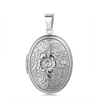 Vintage Floral Oval Locket Necklace with Openable Photo Frame gray