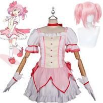 Kaname Madoka Cosplay Costume Wig Anime Puella Magi Madoka Magica Pink Dress Halloween Party Uniform Outfit for Women L white