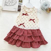 Girls' Red Polka Dot Bow Plaid Sleeveless Dress - New Summer 2026 Princess Style 130cm