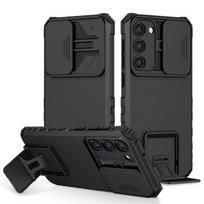 „Samsung Galaxy S23 Ultra Case“ slankiojančio fotoaparato objektyvo apsauga nuo šarvų stovo telefono dėklas, skirtas „Samsung S23 S 23 Plus“ galinis dangtelis For Galaxy S23 juoda