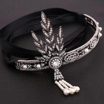 XX a. XX a. senoviniai plaukų papuošalai, lapai, nuotakos krištoliniai perlai, galvos apdangalas, didžioji Gatsby tiara ir karūna galvos juosta, skirta moterų vestuvėms black