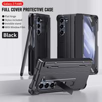 Skirta Samsung Galaxy Z Fold 6 5 4 3 5G dėklas Prabangus rašiklio laikiklis Laikiklis Sulankstomas vyris Grūdinto stiklo apsauga Atsparus smūgiams Kietas dangtelis for Galaxy Z Fold 5&case with touch pen juoda