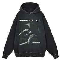 Anime Attack On Titan Eren Jaeger Graphic Washed Hooded Men Manga Cotton Hoodies Plus Size Sweatshirt Harajuku Male Streetwear S black