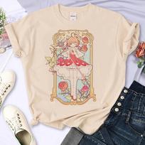 Kortų gaudytoja Sakura marškinėliai moterims Y2K dizainerio juokingi marškinėliai mergaitei su grafika harajuku gatvės stiliaus drabužiai S beige