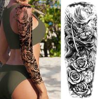 Tribal Totem laikinos tatuiruotės rankovės vyrams Moterys suaugusiems netikros gėlės pečių tatuiruotės lipdukas Juodos kaukolės tatuiruotės didelės visos rankos