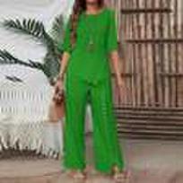 Women's Asymmetrical Top and Wide Leg Pants Set XXL green