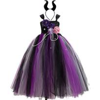 Mergaičių Ragana Violetinė Suknelė su Galvos Apdangalu Tiulio Pokylių Suknelė Vaikams Gėlių Tiutu Sijonai Vaikų Helovino Cosplay Vakarėlio Kostiumas 10-12Y black