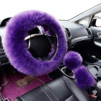 3 vnt./komplektas Dirbtinės vilnos vairo pavarų perjungimo strypo stabdžių pūkuotas dangtis automobilio dekoras violetinė