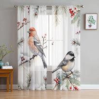 Christmas Robin Berries Pine Needles Sheer Curtains for Living Room Decoration Window Curtains Kitchen Tulle Voile Curtains W135 x H115cm x1 white