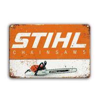Retro įrankis Stihl prekės ženklas Metalinis skardinis ženklas Vintažinė plokštelė Vintažinė lentelė Vyro urvui Namų barui Kavinei Garažui Dirbtuvei Klubui Sienos dekoras 20x30cm orange