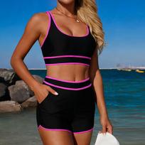 Dvi dalys Sportiniai Bikini Vienspalvis Maudymosi Kostiumas Moterims Aukštas Liemuo Maudymosi Kostiumai L black
