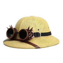 Parent-child Novelty Vietnam War Army Straw Hat Steampunk Helmet Pith Sun Hat Women Men Glasses Safari Jungle Miners Cap Adult(56-61cm) beige