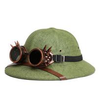Parent-child Novelty Vietnam War Army Straw Hat Steampunk Helmet Pith Sun Hat Women Men Glasses Safari Jungle Miners Cap Adult(56-61cm) black