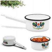 Emaliuotas puodas 14cm 1l su rankena, baltas, "folk" dizainas