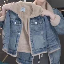 Merginos dygsniuotas džinsinis paltas Berniukų storesnis švarkas Žieminis vaikų su papildomu aksomu viršutinis drabužis Rudens šiltas laisvas parkas Vaikų mados drabužis 140 mėlyna