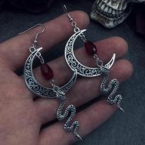 Trendy Gothic Ruby Moon Snake Pendant Earrings - Vintage Niche Design black