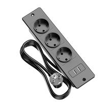 Įleidžiamas prailgintuvas 3 Schuko lizdai su 2 USB-A prievadais Integruotas baldų lizdas Stalui Spintelėi juoda