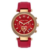 MICHAEL KORS Parker Women's Quartz Chronograph Watch Red Dial Leather Strap 39mm MK2992 raudona