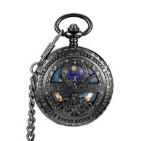 Prabangus mechaninis senovinis vyriškas kišeninis laikrodis su grandine „Steampunk Skeleton“ juosmens laikrodžiai vyrams, pakabukas juoda