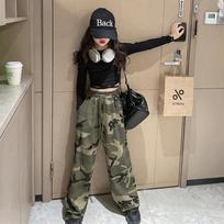 Hip Hop Mergaitės K-pop Trumpas Viršus Gatvės Šokiai Kamufliažiniai Joggeriai Kelnės+viršutinis rinkinys 120 žalia