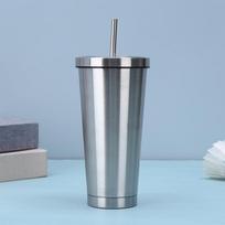 Vakuuminis puodelis su šiaudeliu ir rankena – Dvigubos sienelės nerūdijančio plieno puodelis su dangteliu, nešiojamas kelioninis puodelis lauko veiklai 500ml gray