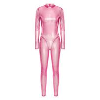 Moteriškas metalinis blizgus ilgomis rankovėmis pilno kūno kombinezonas Užtrauktukas nugaroje Catsuit Bodysuit Klubinė apranga M rožinė