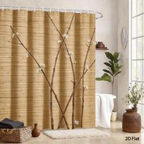 Natūrali tvora Dušo užuolaida 180x180cm – Rustiški žali stiebai ir lapai ant smėlio spalvos, Minimalistinis Zen vonios kambario dekoras, 12 kabliukų W180H200(CM)-1 Pcs