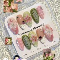 24PCS French Polka Dots Press on Nails Sweet 3D Pink Flower Yellow Almond Fake Nails for Women Cute Ins Style Wearable Nail Tips gray