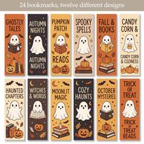 24pcs Retro Fall Halloween Ghost Bookmarks/Spooky Pumpkin Bat Autumn Reading Pun Quote Page Markers for Bibliophiles & Halloween Stationery Collectors (as the picture,24pcs)