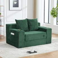 Moderni dvigulė sofa-lova, patogi sofa iš kašmyro, su dviem pagalvėmis ir puodelio laikikliu, taip pat su stilingu pufuku su šonine daiktadėže.