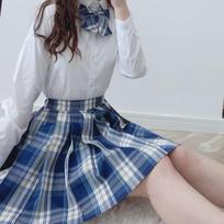 3 vnt. Moteriškos anime mokyklinės uniformos rinkinys Plisuotų sijonų vasaros JK marškinėlių striukė ilgomis rankovėmis su mini languoto sijono kostiumu 2XL mėlyna/balta