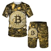 Šaunūs 3D spausdinti vyriški marškinėlių kostiumai Madingi trumpomis rankovėmis vyriški sportiniai kostiumai 3D Bitcoin Grafika marginti marškinėliai Šortai Laisvalaikio vasaros 3XL beige
