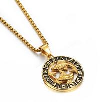 Zodiako ženklas Liūtas Skorpionas Pakabukas Karoliai Moterims/Vyrams Auksinės Spalvos Nerūdijančio Plieno Apvalūs 12 Zodiako Žvaigždynų Karoliai Gold Color&55cm beige