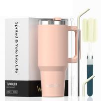 WATERSY Didelės talpos 30/40oz Nerūdijančio plieno puodelis su rankena ir šiaudeliu, dvigubai vakuumiškai izoliuota terminė kavos puodelis 591ML beige