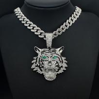 Hip Hop Big 3D Tiger Pendant Necklace Crystal Cuban Chain HipHop Iced Out Bling Necklaces Men Women Fashion Charm Jewelry 45CM gray